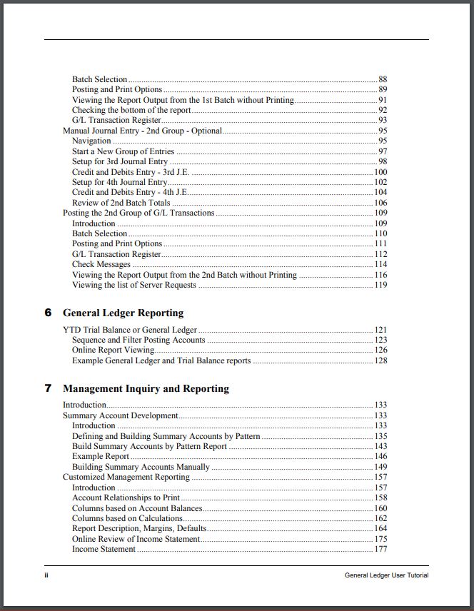 Table of Contents Page 2 for General Ledger User Tutorial